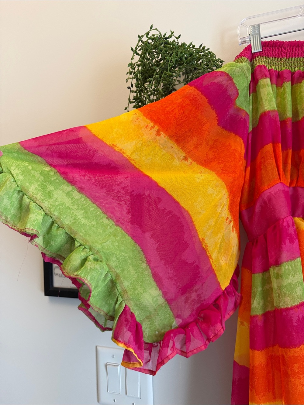 NWT Vibrant Multi-Stripe Boho Off the Shoulder High-Low Top - Picture 3 of 5